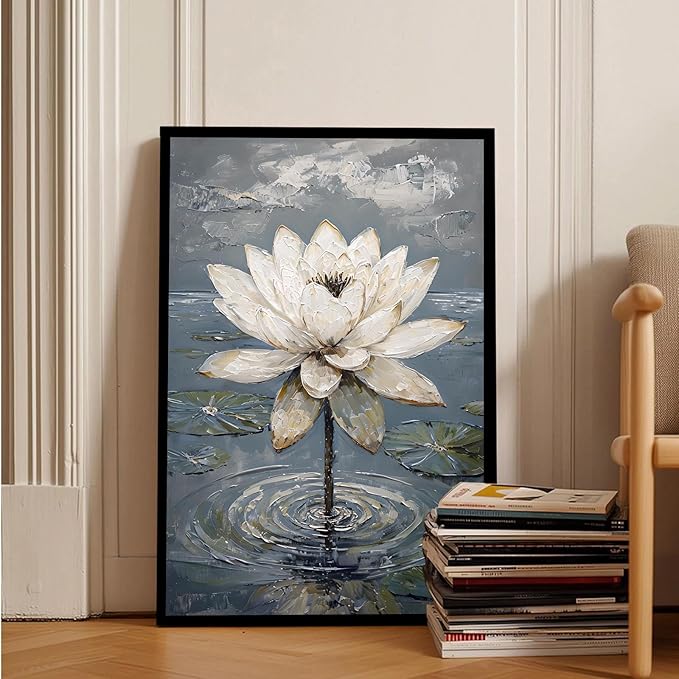 Stunning white lotus emerges from prismatic water with delicate petals background Serene aquatic wall art suitable for modern minimalist decor 8x12in Metal blackFramed