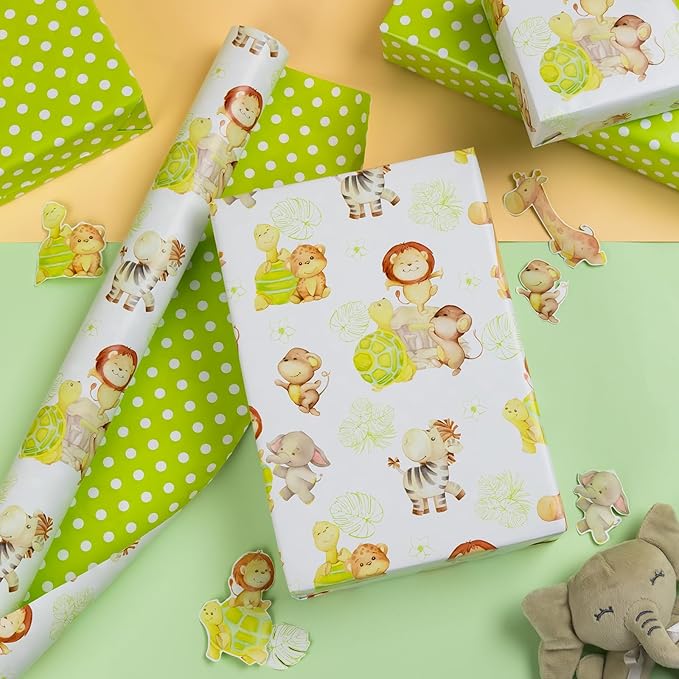 Homeral Baby Shower Jumbo Wrapping Paper Roll - Neutral Cute Safari Animals & Polka Dot Pattern, Reversible Green Newborn Gift Wrap for Baby Shower, 1st Birthday, Party - 30 Inch x 100 Feet