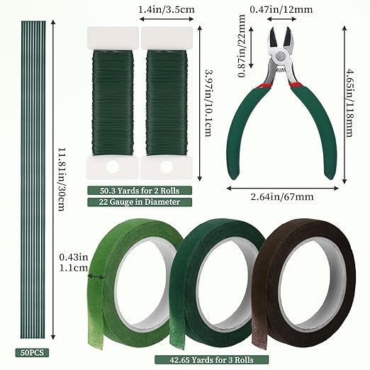 Flower Arrangements Supplies Kit with Floral Tape, 22 Gauge Floral Wire, 26 Gauge Flower Stems, Wire Cutter, Bouquet Accessories for Wreath, Christmas Tree, DIY Craft