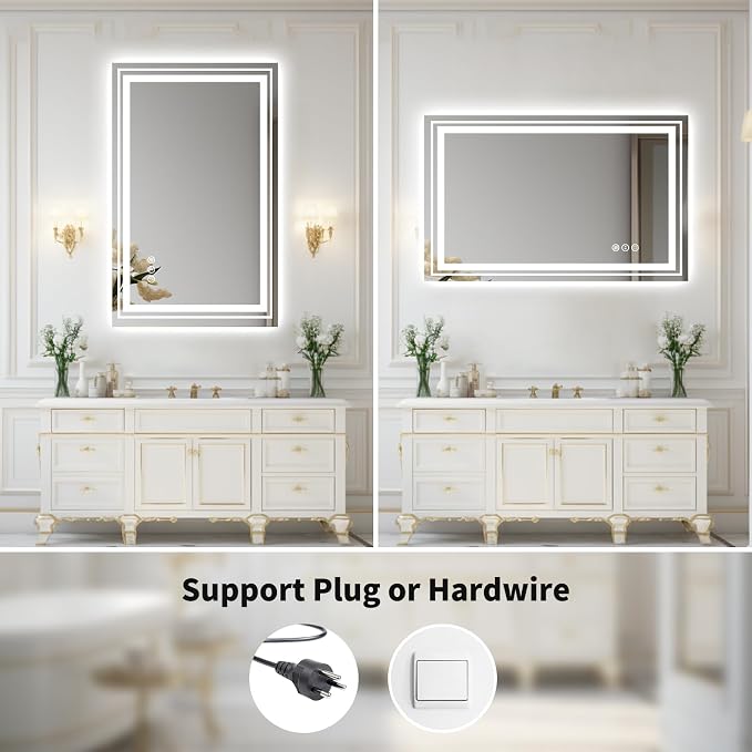 WTTY LED Bathroom Mirror 48"x32" with Back and Front Light,Modern LED Mirror for Bathroom,Dimmable Lighted Bathroom Vanity Mirror with Anti-Fog,Memory Function,Shatter-Proof,Wall Mounted