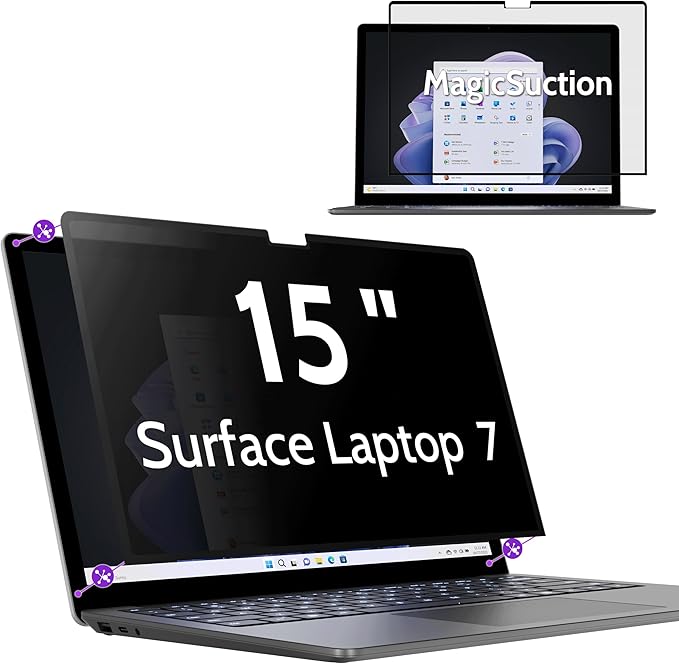 Peslv Privacy Screen for 15 Inch Surface Laptop 7, MagicSuction™ Removable Anti Spy Black Protector, Glare Blue Light Filter for Microsoft Laptop Computer Monitor