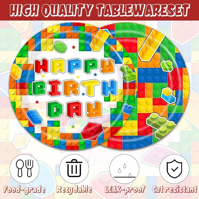 40Pcs Building Block Birthday Decorations Baby Shower Block Plates and Napkins Party Supplies Building Block Party Decorations