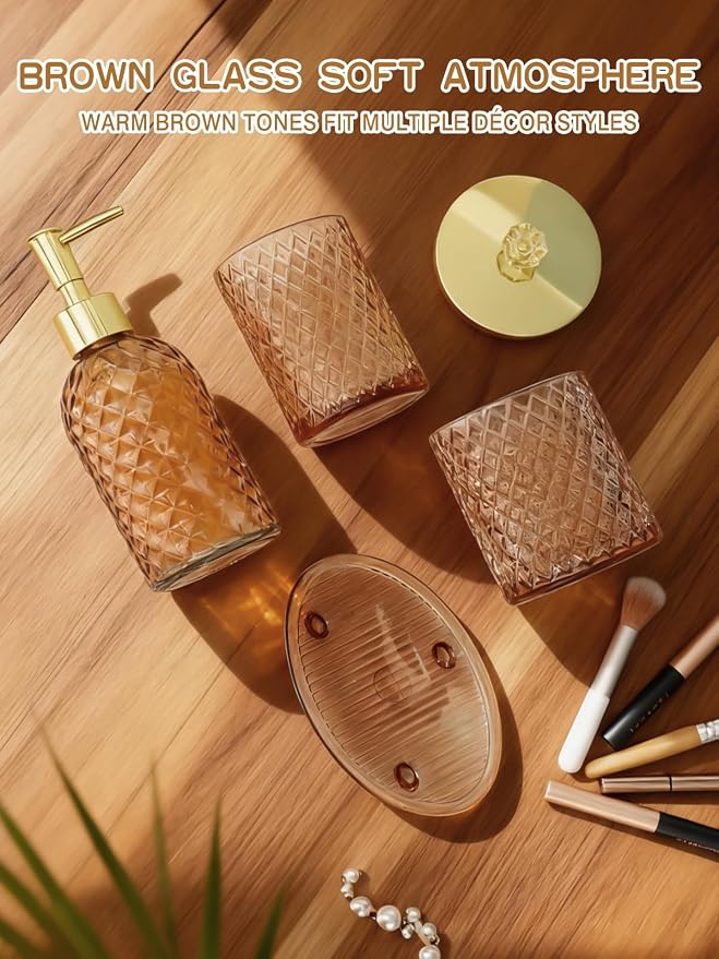 Haturi Amber Brown Bathroom Accessories Set, 4Pcs Glass Bathroom Accessory Set Complete w/Soap Dispenser, Toothbrush Holder, Qtip Holder, Soap Dish, Gold Bathroom Decor Sets, Gift for Home Apartment