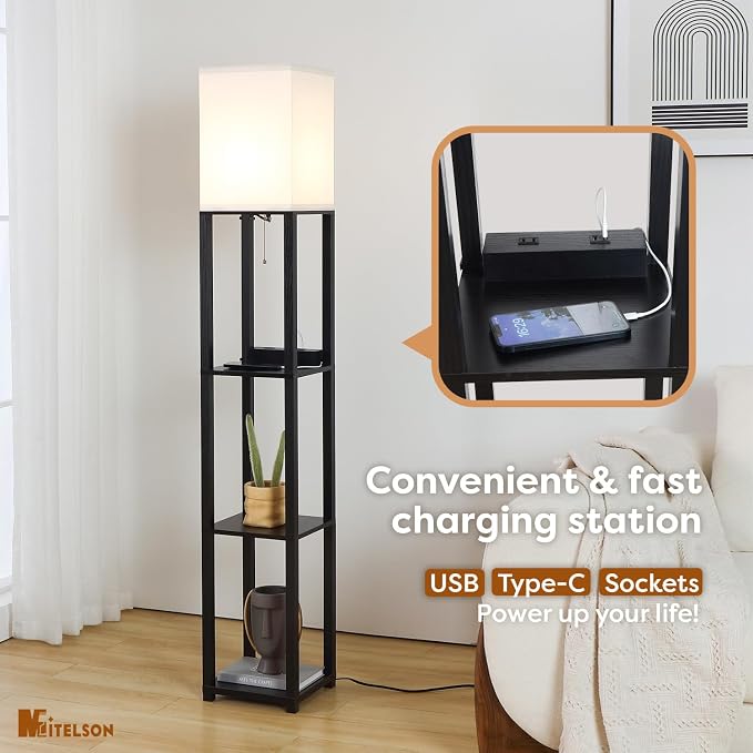 Floor Lamp with Shelves and USB, USB-C & Power Outlets, Shelf Lamp with Charging Station, Modern Square Lamps for Living Room, Tall Standing Floor Lamp for Bedroom and Office, Black