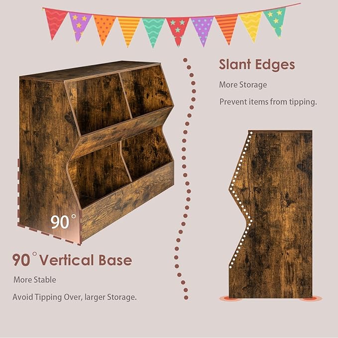 DINZI LVJ Kids Bookshelf, Toy Storage Organizer, Wooden Toy Storage Cabinet, 4 Cubby Children Bookcase, 43.3" L Toddler Book Shelf for Bedroom, Nursery, Hallway, School, Rustic Brown