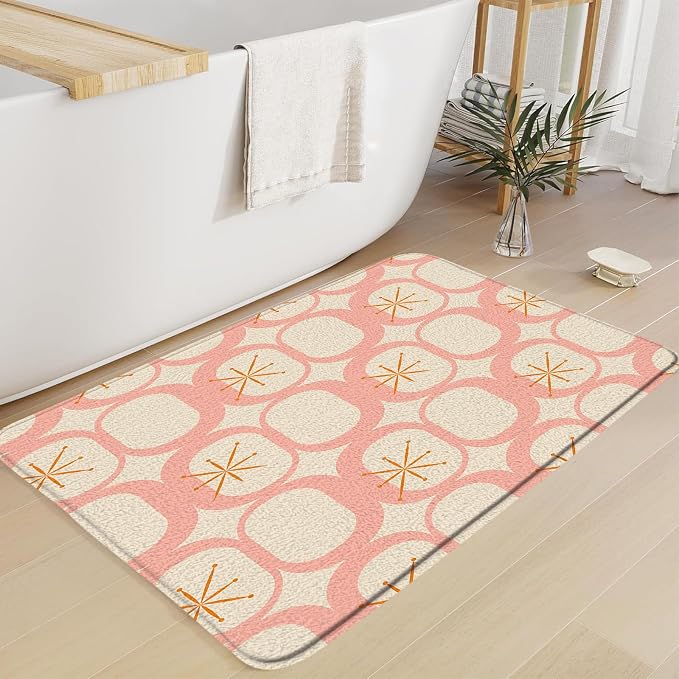 Mid Century Modern Bath Mat Abstract Atomic Geometric Retro 1950s Pink Bathroom Kitchen Toilet Rugs,18x48 Inch