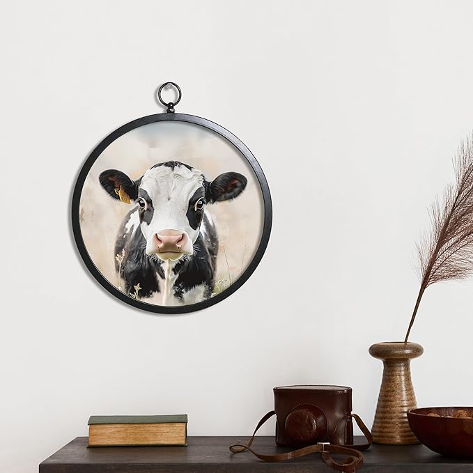 XIAOAIKA Vintage Wall Art with Metal Frame, Round Wood Print Featuring Cow Portrait, Boho Wall Decor for Living Room, Bedroom, Kitchen, 10 Inch