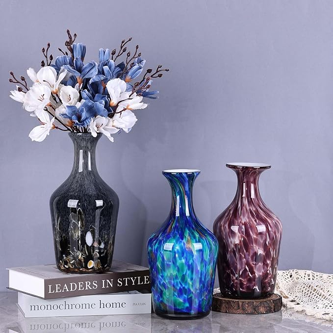 Hand Blown Glass Vase Teal Mosaic (Blue Green Splash) – Murano Inspired Art Glass Vase with Wide Mouth for Flowers, Bubble Vase, Coastal Centerpiece for Dining Room or Living Room (Blue)