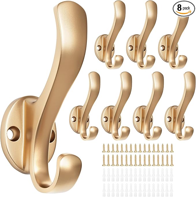 Coat Hooks Heavy Duty - Easy to Install Metal Towel Hooks Fashionable Wall Hooks for Hanging Hat, Towel, Key, Robe, Scarf, Bag, Cap (8 PCS Gold)