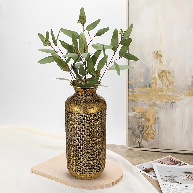 Flower Vase Rustic Metal Vases, 16" Black and Gold Pattern Vase for Farmhouse Home Décor Artificial Flowers and Centerpieces