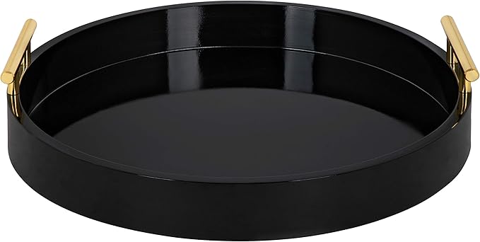 Kate and Laurel Lipton Modern Round Tray, 15.5" Diameter, Black and Gold, Decorative Accent Tray for Storage and Display