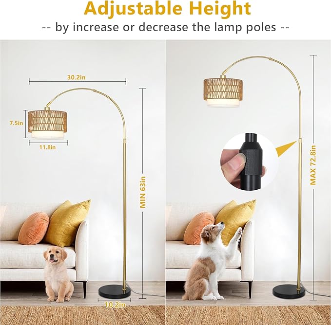 Arc Floor Lamp for bedroom with Rattan & Linen Shades, Gold Floor Lamp with Remote & Dimming Bulb, Rustic Standing Lamp with 3 Color Temperatures, Adjustable Height Farmhouse Tall Lamp for Living Room