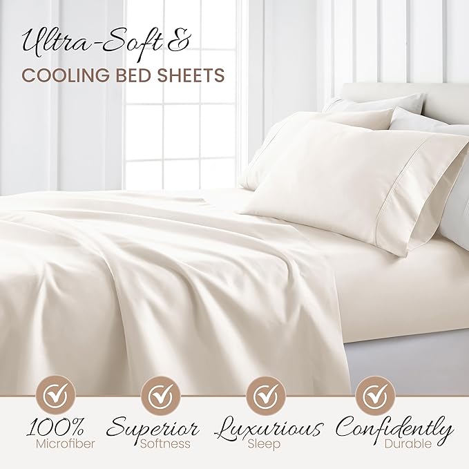Linen Market Bed Sheets for California King Size Bed (Ivory) - Sleep Better Than Ever with These Soft and Cooling California King Sheets - Deep Pocket Fits 16" Thick Beds - 4 Piece Cal King Sheet Set