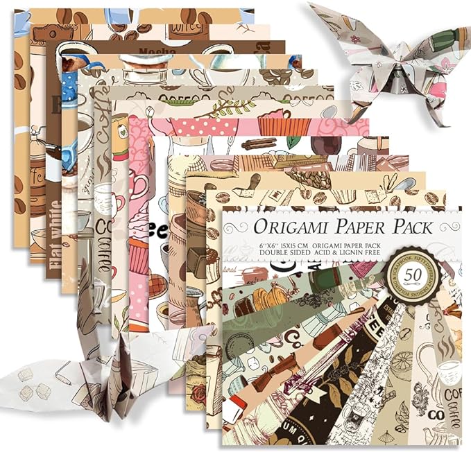 Square Origami Paper 6x6 Double Sided 50 Sheets 50 Colors 70GSM Origami Kit Japanese Chiyo Easy Fold Arts Crafts DIY Handwork Coffee
