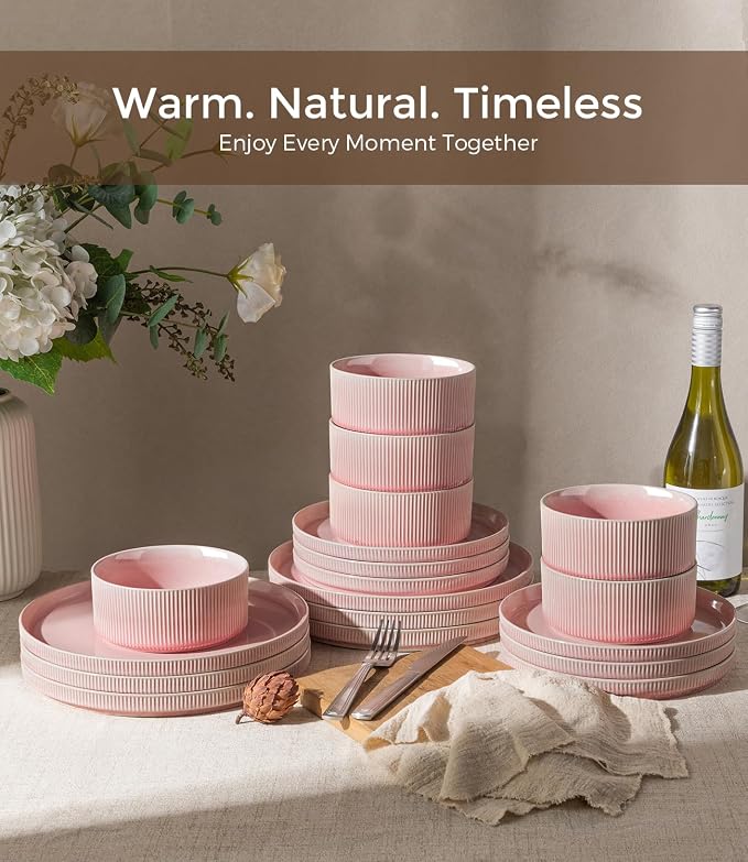 GBHOME 12-Piece Stoneware Dinnerware Set for 4 – Ribbed Ceramic Plates and Bowls, Scratch-Resistant, Microwave & Dishwasher Safe, Reactive Glaze, Blush Veil