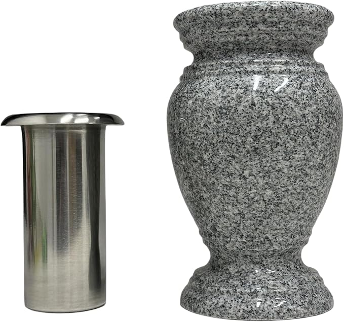 Memorial Cemetery Flower Vase - Real Granite (Grey Granite), with Stainless Steel Inner, Grave Marker, Decorations for Gravesite, Headstone Flowers Holder, Garden Lawn & Yard (5.5x5.5x9)