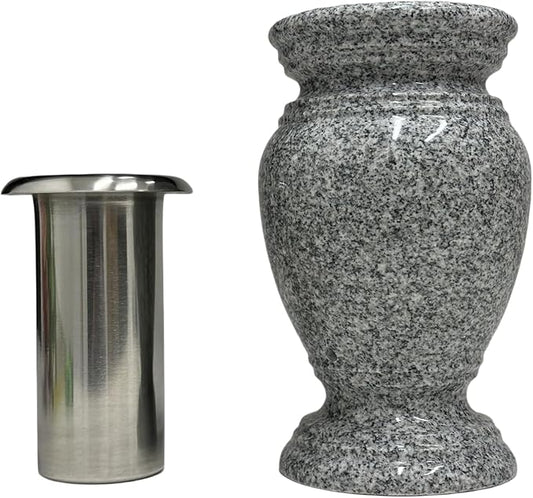 Memorial Cemetery Flower Vase - Real Granite (Grey Granite), with Stainless Steel Inner, Grave Marker, Decorations for Gravesite, Headstone Flowers Holder, Garden Lawn & Yard (5.5x5.5x9)