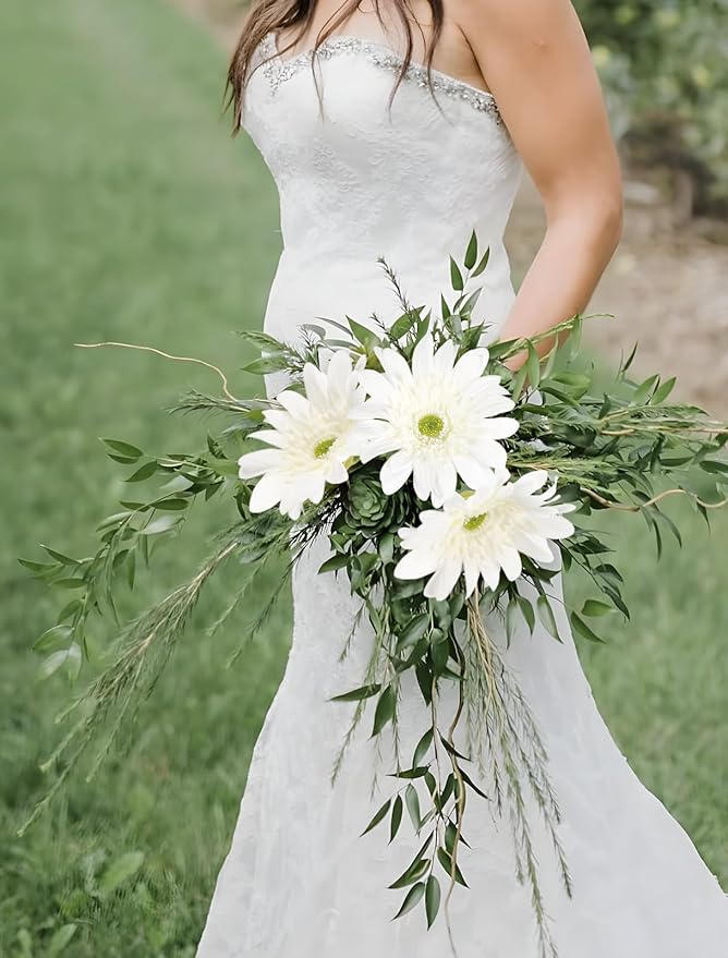 White Gerbera Daisy Artificial Flowers 5PCS – Real Touch Latex Silk Daisies Flowers Artificial, 26.7" Long Stem Fake Flowers with Stems for Wedding Bouquets, Home Décor, or Daisy Centerpieces