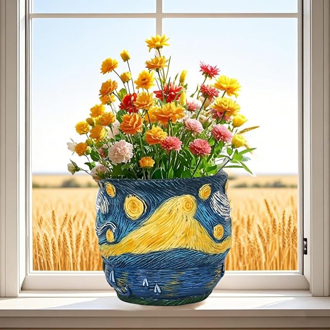 Van Gogh Inspired Planter Pots Cute Unique Starry Night Theme Flower Pots for Indoor Plant Acolorful Art Resin Vase for Home Desk Decoration