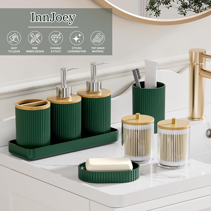 10PC Bathroom Accessories Set - Dark Green and Wooden Bathroom Sets, Bathroom Accessory Set with Pop Up Trash Can, Toilet Brush, Trash Can, Qtip Holder & Soap Dispenser