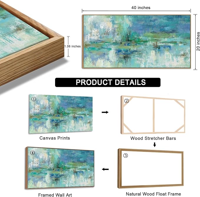VEAEE Teal Framed Abstract Wall Art - Turquoise Green Colorful Modern Canvas Pictures, Living Room Wall Decor, Contemporary Landscape Painting Prints for Bedroom Bathroom Office Decor 20" x 40"