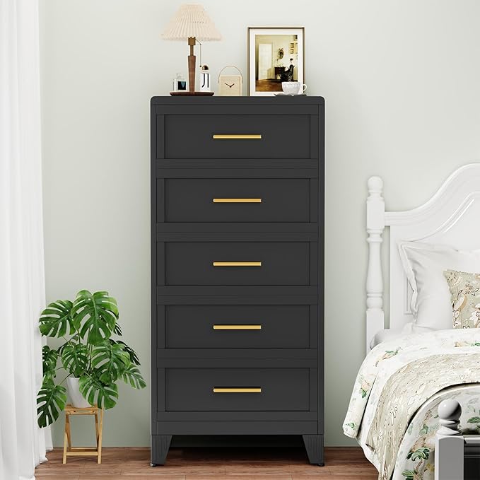 5 Drawers Dresser for Bedroom, 53.46" Tall Metal Dressers & Chest of Drawer Curved Corner Design, Storage Organizer Drawer Chest with Large Capacity for Living Room, Entryway, Hallway, Black