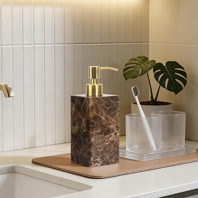 Natural Marble Soap Dispenser for Bathroom and Kitchen Countertop - 5.41 Ounces Hand Lotion and Liquid Stone Shampoo Laundry Bottle with Pump (1, Dark Brown, Rectangular Bottle)