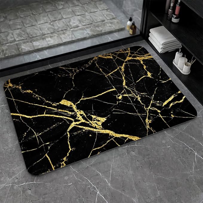 Diatomaceous Earth Bath Mat,Black Gold Marble Non-Slip Volume Super Absorbent Fast Drying for Bathroom Kitchen Door mat,Eco-Friendly Easy to Clean 16×24Inch (40 * 60cm)