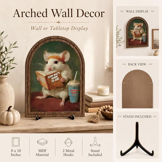 Wooden Tabletop Sign Funny Mouse Decor for Bookshelf Desk Shelf, Vintage Reading Animal Art, Arched Wooden Sign with Stand Decoration, Rustic Home Gym Office Decor