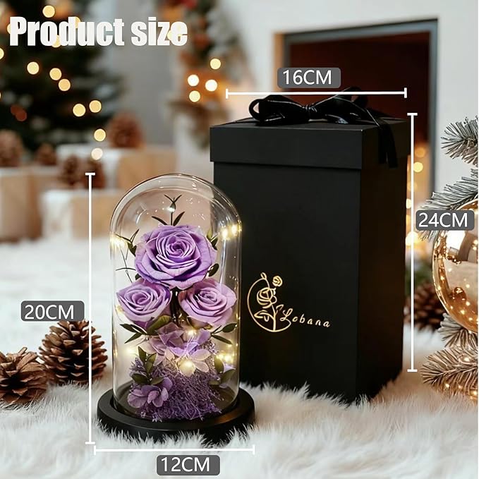 Birthday Gifts for Women Fresh Flowers for Delivery Prime Forever Preserved Rose in Glass Dome Gifts for Her Girlfriend Grandma Daughter Wife Valentines Mothers Day Christmas Anniversary-Light Purple