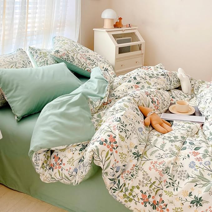 Lightweight Queen Duvet Cover Set Green Pink Floral Bedding Sets Queen Flower Branches Duvet Cover Set Aesthetic Boho Chic Premium Cotton Comforter Cover Set Girl 3 Pieces Queen Duvet Cover Set