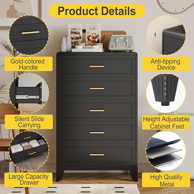 5 Drawers Tall Black Dresser for Bedroom, 52.16" Metal Dressers & Chests of Drawers Curved Corner Design, Storage Organizer Drawer Chest with Large Capacity for Living Room, Hallway, Entryway