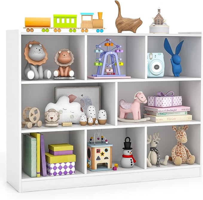KOTEK Toy Storage Organizer, 8 Cubby Kids Bookshelf, Wooden 4-Tier Bookcase Storage Cabinet, Open Display Book Shelf for Daycare, Nursery, School Classroom, Playroom & Bedroom (White, 8 Cubes)