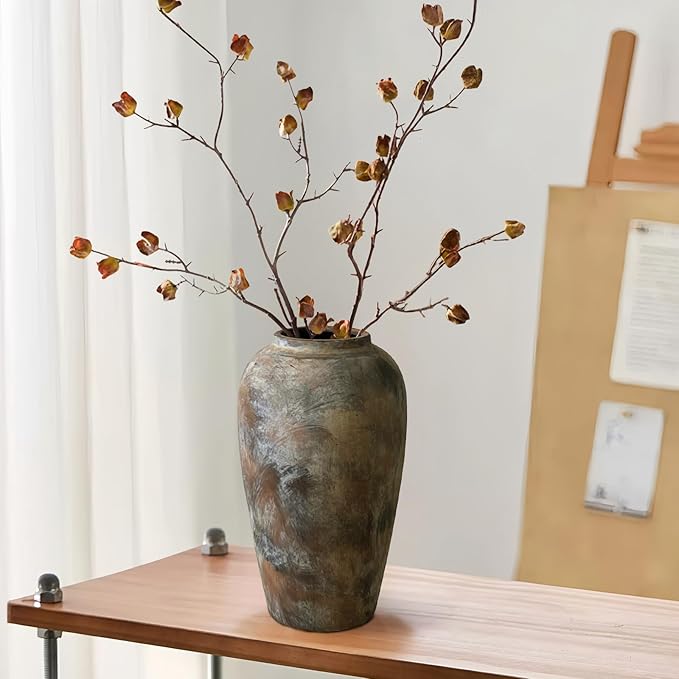 12 Inch Vintage Farmhouse Decor Ceramic Rustic Vase, Handmade Brown Flower Vases for Centerpieces, Living Room & Kitchen Shelf Decorative Pottery Vase for Home Decor