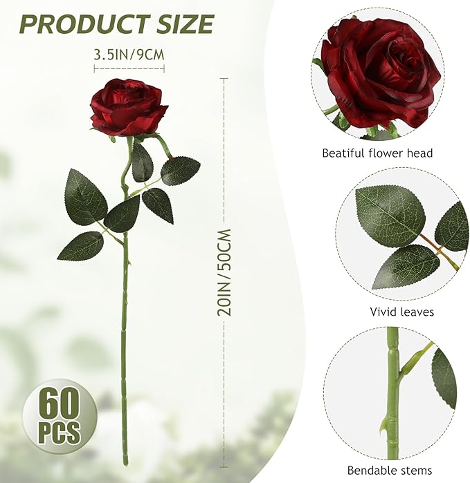 Kisflower 60 Pcs Burgundy Roses Artificial Flowers Bulk, Maroon Flowers Artificial Silk Roses with Stems for Decoration DIY Wedding Bouquet Bridal Shower Party Home Table Centerpieces Decor (Burgundy)