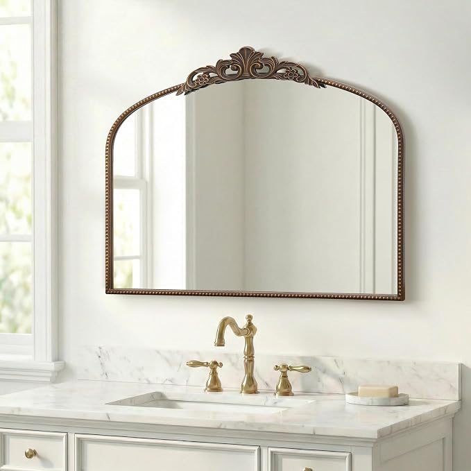 Micasso Large Bronze Vintage Mirror: 40"x29" French Baroque Antique Arched Mirror - Traditional Ornate Decorative for Wall/Fireplace/Mantel/Entryway/Bathroom/Hallway - Home Decor for Living Room