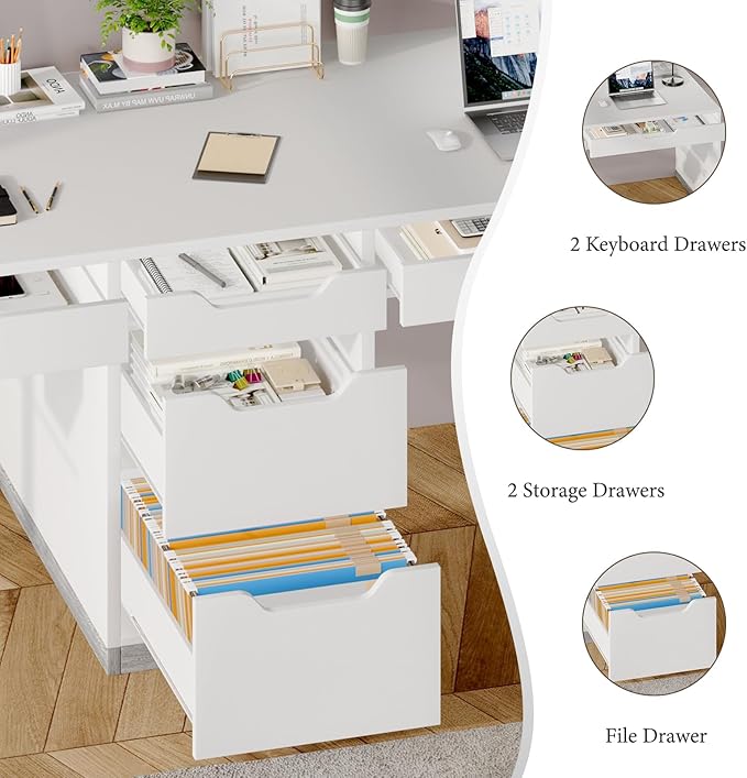 Two Person Desk with 5 Drawers, Double Desk with Storage for 2 People, 78 Inch Extra Long Computer Desk Workstation with File Drawer for Home Office, White