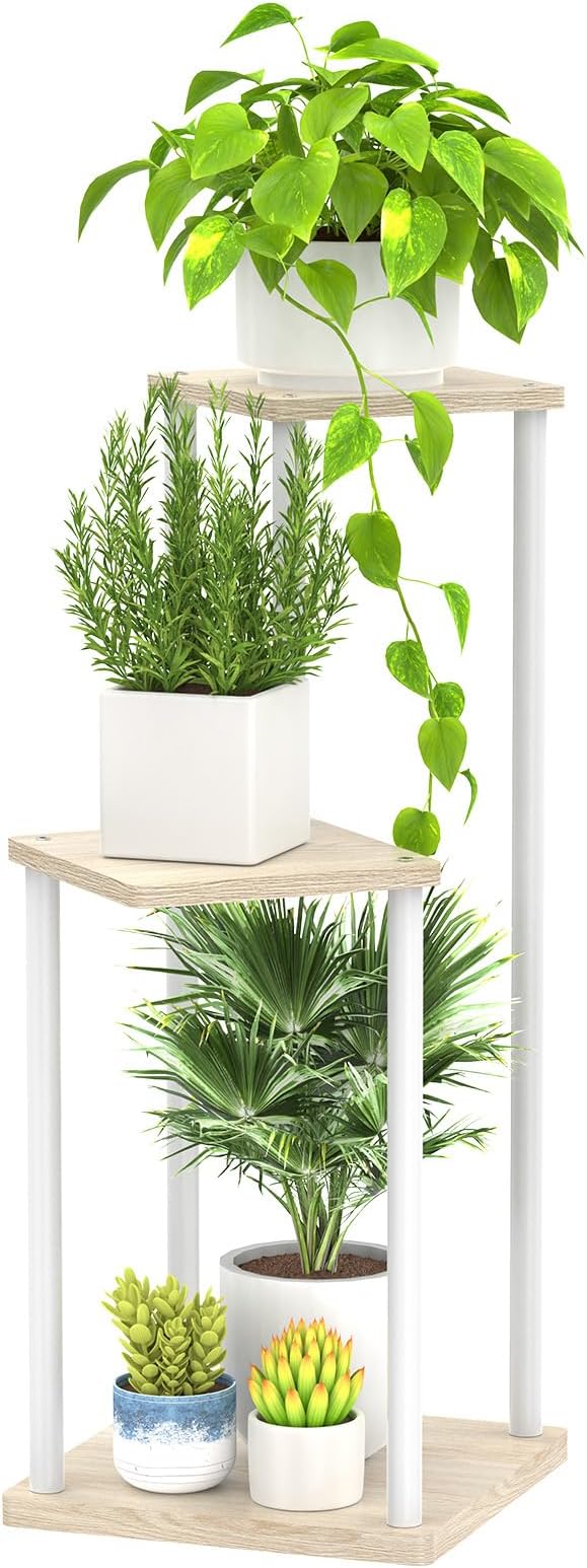 Oppro 3 Tier Plant Stand Indoor Outdoor, Metal Wood Tiered Corner Plant Stands Pot Holder, Wood Flower Shelf Orchid Display Rack for Living Room Bedroom Balcony Garden Patio, Modern White