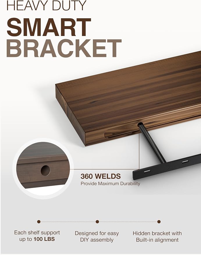 BATODA Set of 2 24" Acacia Floating Shelves for Wall – Rustic Farmhouse Wood Floating Shelf - Book Shelf for Wall & House Décor - DIY Floating Book Shelves - with Brackets & Hardware (Walnut Color)