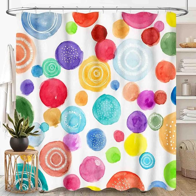 Colorful Shower Curtain for Girls Bathroom, Watercolor Rainbow Cartoon Abstract Circle Polka Dots Splashes Cute for Baby Kids Waterproof Fabric Shower Curtain Set with Hooks, 72"x72" Inch