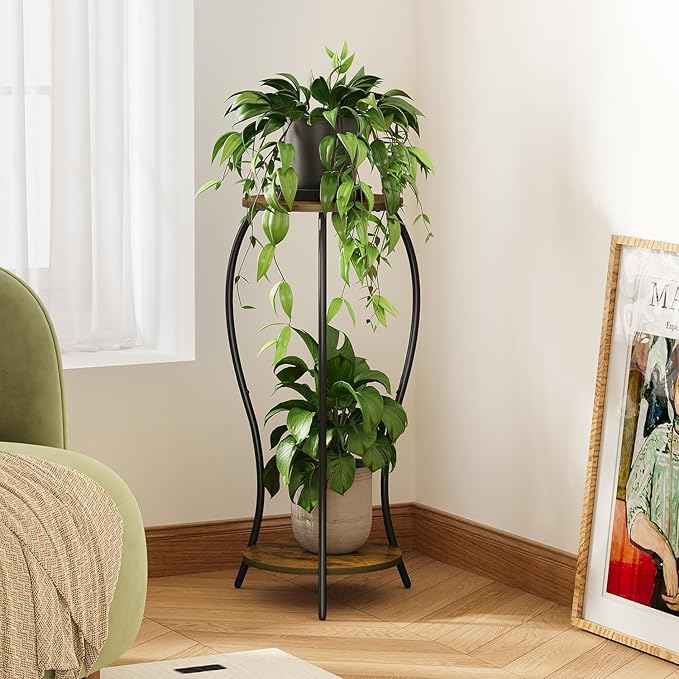 Plant Stand Indoor, 2 Tier Round Tall Plant Stand, Flower Pot Stand, Plant Shelf Rack, Corner Plant Stand for Planter Garden Balcony Patio Living Room, Retro