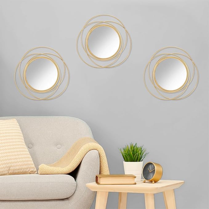 3 Set Gold Circle Mirrors for Wall Decor - Metal Art Small Round Mirror Sets - Hanging Wall Sculpture for Bedroom, Living Room, Entryway 12''