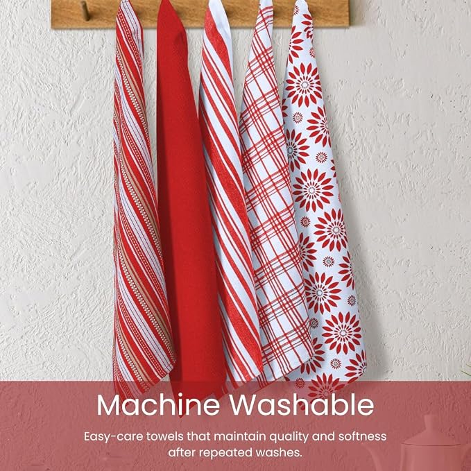 Assorted Kitchen Towels - Red Kitchen Towels, Set of 5, 16x26 in - Absorbent 100% Cotton Dish Towels with Hanging Loop - Waffle Weave Tea Towels for Drying Dishes, Glassware & Counters