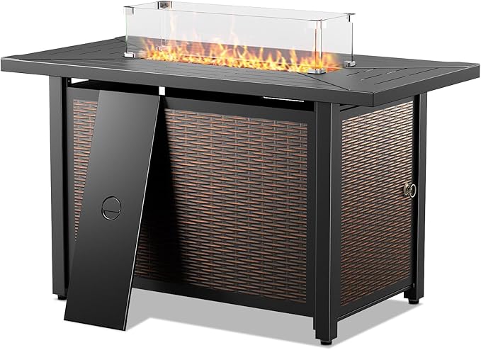 Belord 50000 BTU Propane Fire Pit Table - 43 Inch CSA-Certified Outdoor Fire Table with Lid and Glass Wind Guard 2 in 1 Rectangular Fire Pit Table for Patio Deck Garden and Outdoor Ambiance