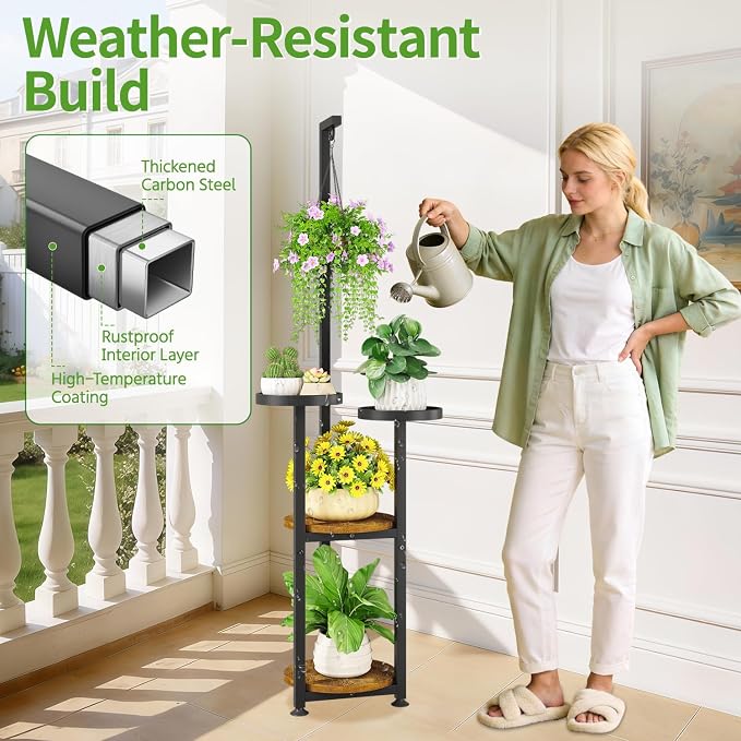 KMOTASUO Black 4 Tier Plant Stand Indoor with Hanging Ring, Tall Large Heavy Duty Metal and Wood Vertical Rack for Multiple Planter, Sturdy Rustic Corner Flower Shelf Holder Organizer for House Patio