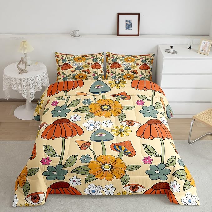 Castle Fairy Retro Flowers Comforter Set Full Size,70s Floral Mushroom Bedding Comforters Room Decor,Art Hippie Plant Eye Print Quilt Set with 2 Pillowcases,Teens Present
