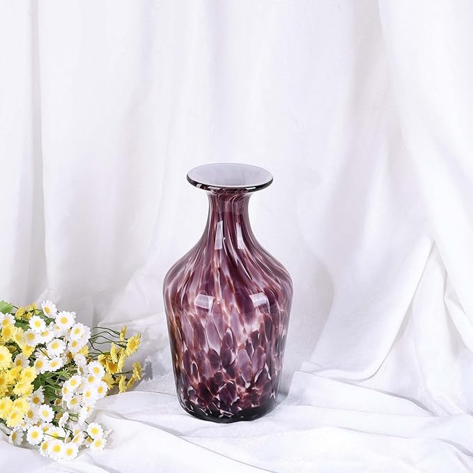 Hand Blown Glass Vase Plum – Murano Style Art Glass Vase with Wide Mouth for Flowers, Bubble Vase, Decorative Centerpiece for Dining Table, Coffee Table or Living Room Display (Purple)