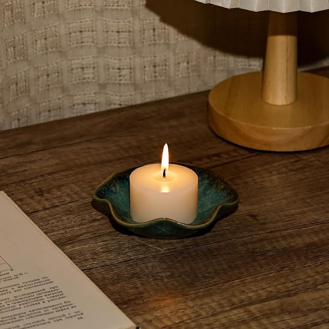 Koythin 2-Piece Ceramic Candle Holder, Aesthetics Candlestick Holders for Tea Lights, Lotus Leaf Shape Candle Stand for Mantle Table, Adorable Vintage Decor for Weddings Dining (Green)