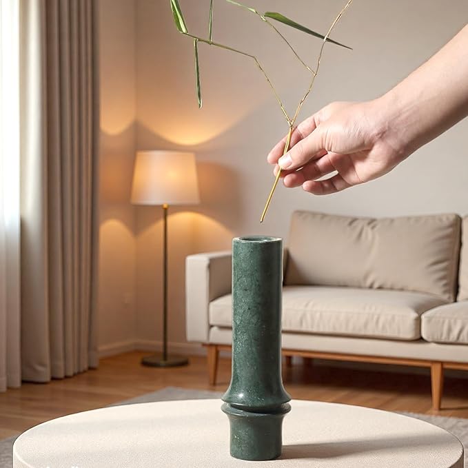 Bamboo Vase for Home Decor, Natural Marble Vase Rustic Vintage Decorations for Living Room, Table, Bathroom, Holiday & Weddings, Rustic Flower Vases (Indian Green)
