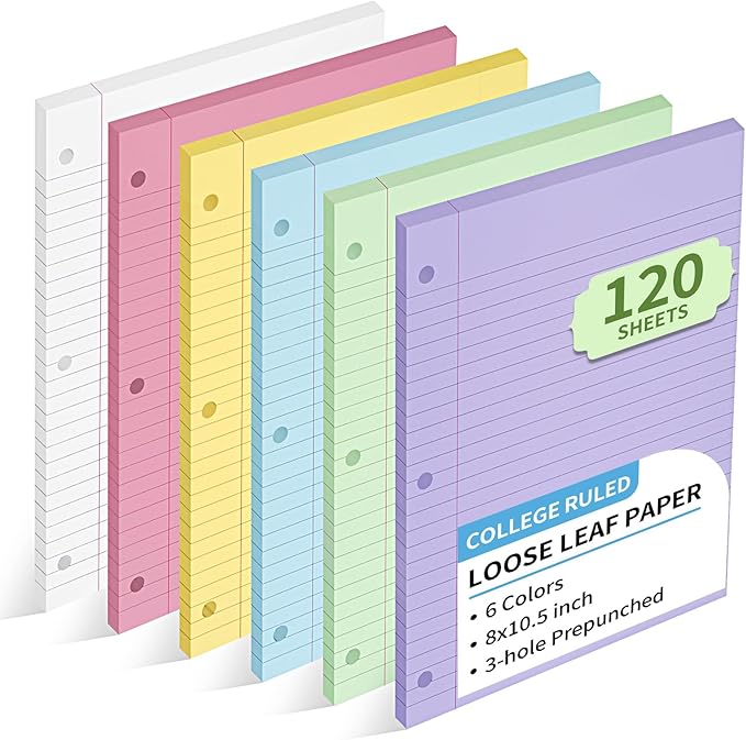 6 Color Loose Leaf Paper College Ruled, 120 Sheets 8" X 10.5" Colored Notebook Paper, 3-Hole Punched 70 Gsm Lined Paper For 3-Ring Binders, Loose Leaf Office Paper